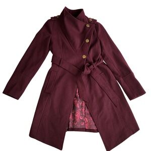 Guess Mid Length Coat Womens M Burgundy Wool Blend Old Money Dark Academia‎